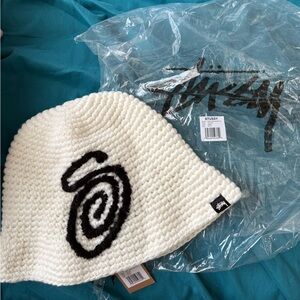Stussy Cream and Black Spiral Pattern Beanie Hat
